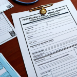 **

*   **Prompt:** A collection of official documents spread out on a desk, with a swimming coach badge prominently displayed. Focus on the "sea of paperwork" feeling, but organized and professional. Add details like an application form, a certified copy of the current license, and a medical certificate.

**