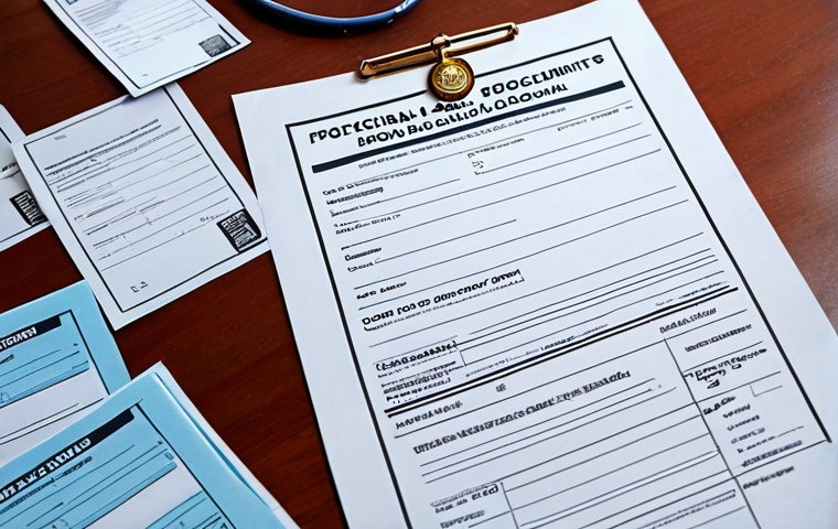 **
* **Prompt:** A collection of official documents spread out on a desk, with a swimming coach badge prominently displayed. Focus on the "sea of paperwork" feeling, but organized and professional. Add details like an application form, a certified copy of the current license, and a medical certificate.
**